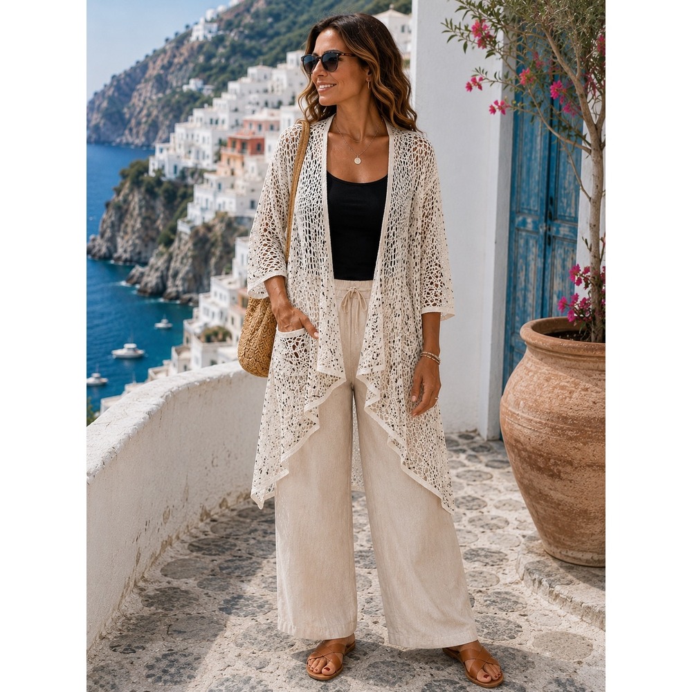 Y2K Mirror Image Open Knit Cardigan Ivory Speckled Waterfall Crochet Boho